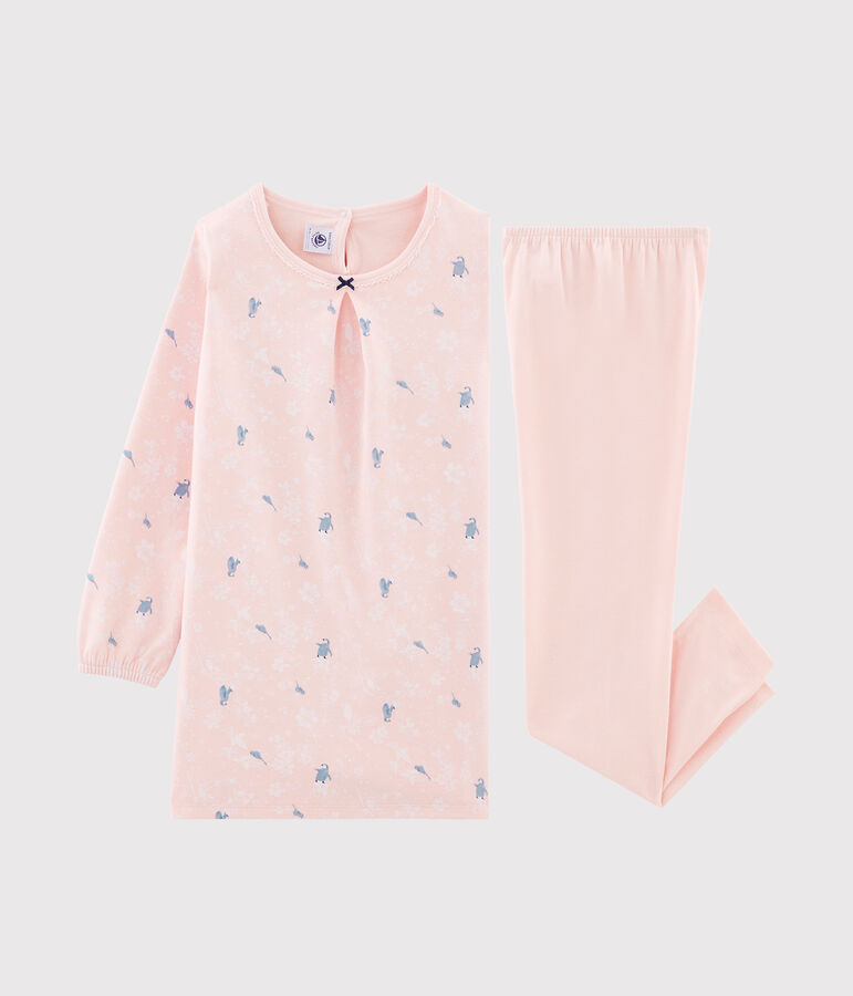 Meisjesnachthemd met lange mouwen van dubbelzijdig jersey met pingu&iuml;n print roze MINOIS/wit MULTICO