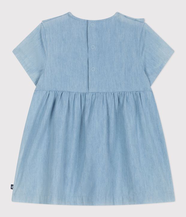Robe b&eacute;b&eacute; manches courtes en chambray, brod&eacute;e de c&oelig;urs bleu
