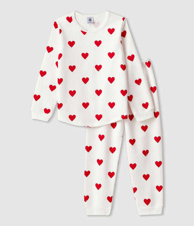 Kinderpyjama van molton met hartjesprint wit/rood