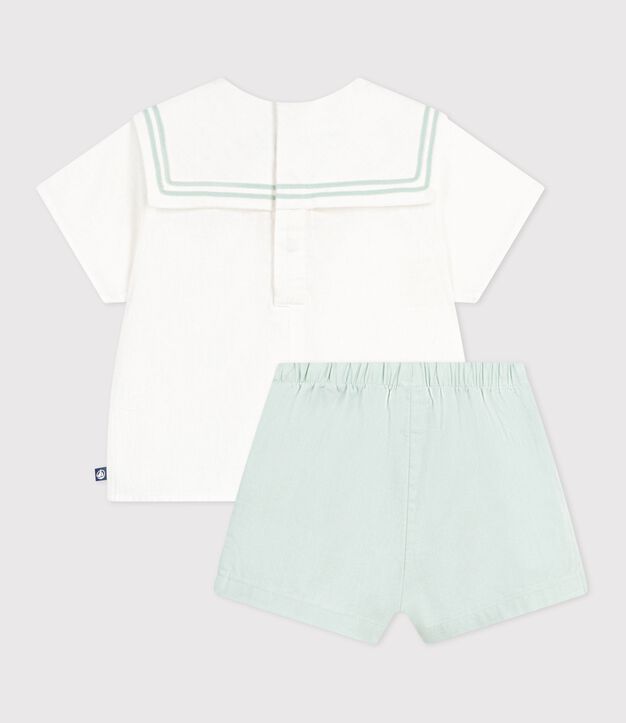 Tweedelig babysetje van katoen/linnen met bovenstukje met matrozenkraagje wit/blauw