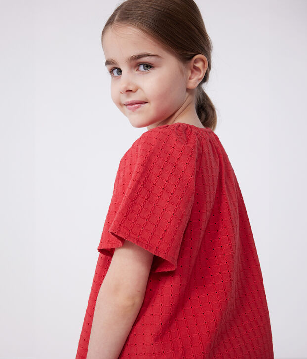 Blouse enfant en coton manches courtes &agrave; motif fleurie rouge