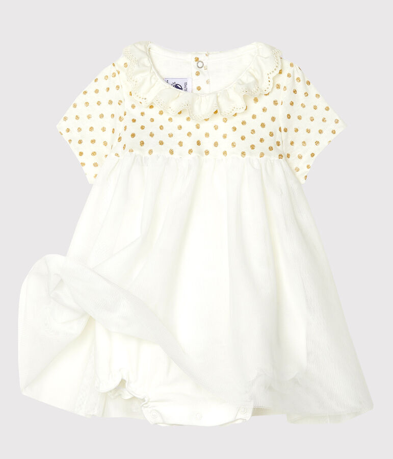 Robe body en coton lin b&eacute;b&eacute; fille blanc/jaune