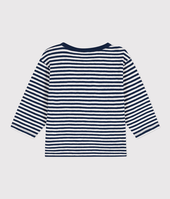 Gestreept en gevlamd T-shirt met lange mouwen in jersey voor baby's blauw MEDIEVAL/wit MARSHMALLOW