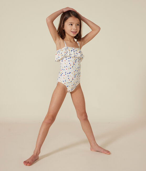 Maillot de bain 1 pièce imprimé enfant fille blanc MARSHMALLOW/blanc MULTICO