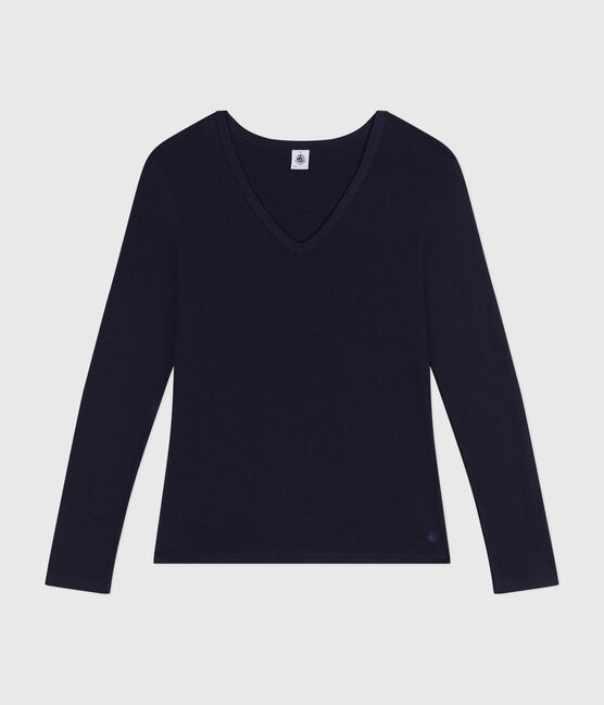 Dames-T-shirt L'Iconique met lange mouwen in effen ribstof voor dames blauw SMOKING