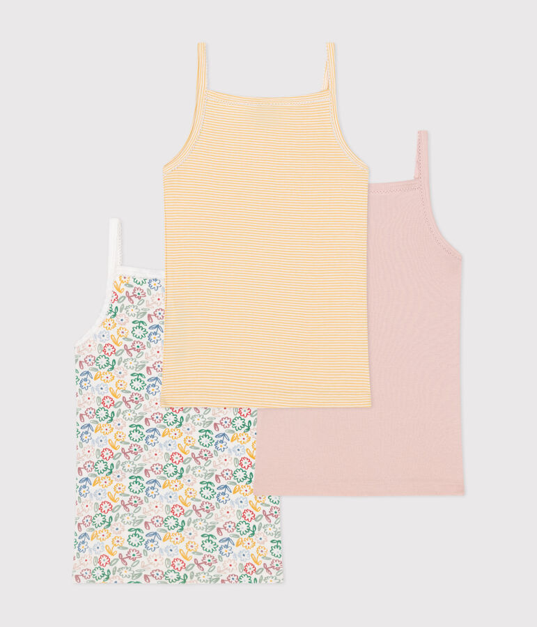 Setje van drie katoenen kinderhemdjes met smalle schouderbandjes en bloemmotief multicouleur