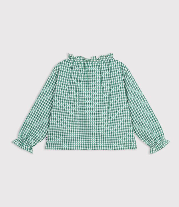 Katoenen kinderbloesje met kraag, lange mouwen en print groen/wit