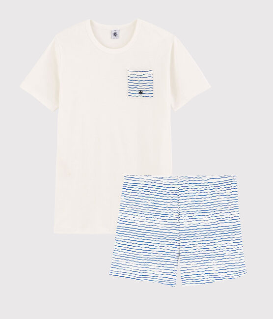 Wit-blauwe pyjacourt van ribstof uniseks wit MARSHMALLOW/blauw COOL
