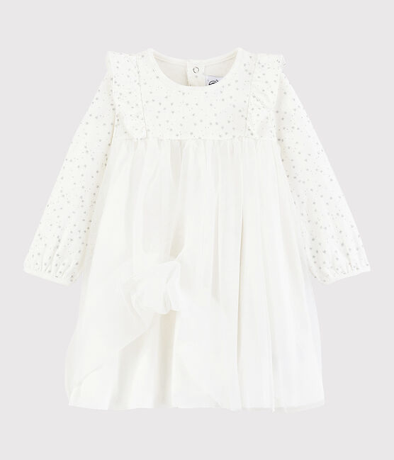 Jurk met lange mouwen babymeisje wit MARSHMALLOW/grijs ARGENT