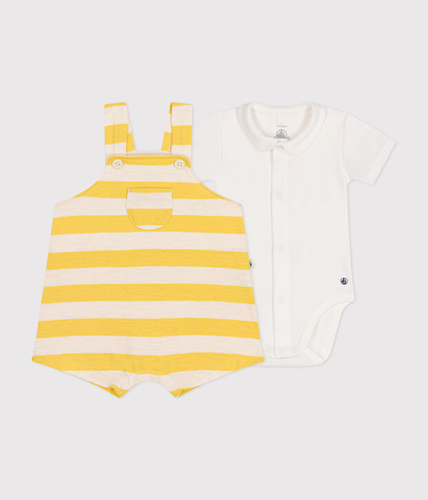 Babysetje met salopette van gevlamde jersey geel/ecru