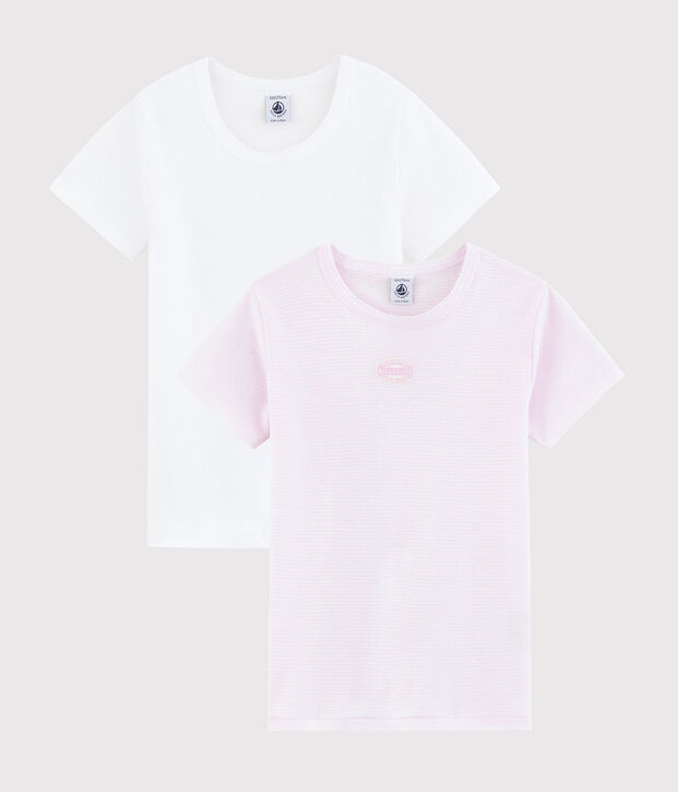 Set van 2 T-shirts van ribstof met korte mouwen en dunne, roze strepen voor meisjes multicouleur