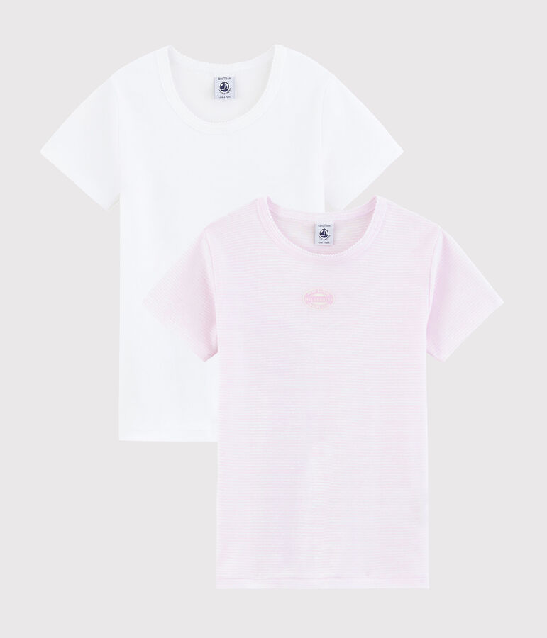 Lot de 2 tee-shirts manches courtes milleraies rose petite fille en c&ocirc;te multicouleur