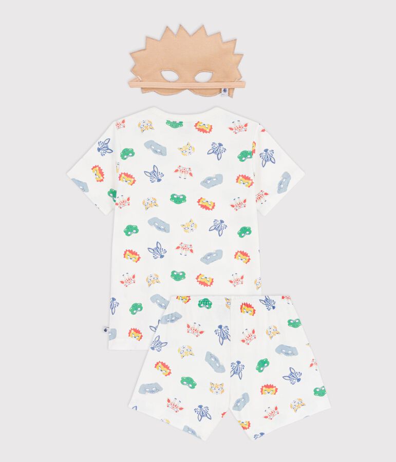 Korte katoenen verkleedpyjama met maskertjesprint voor kinderen wit/multicouleur