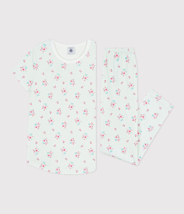Katoenen kinderpyjama met korte mouwen en lange pijpen met bloemenprint wit/multicouleur