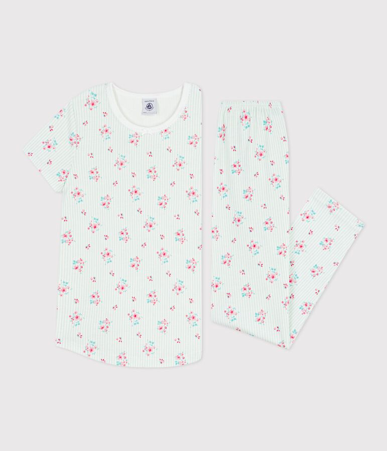 Katoenen kinderpyjama met korte mouwen en lange pijpen met bloemenprint wit/multicouleur