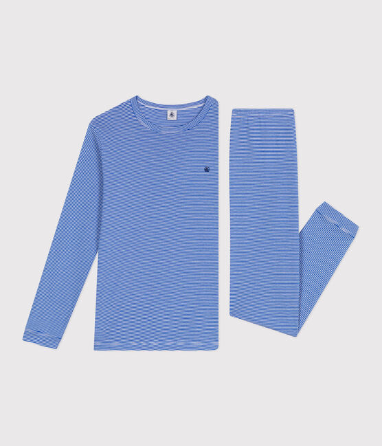 Pyjama enfant en coton à rayures bleu PERSE/blanc MARSHMALLOW