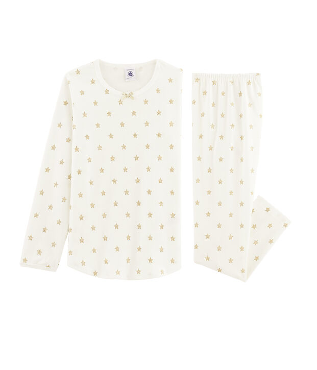 Pyjama met sterren van ribstof voor meisjes wit/geel