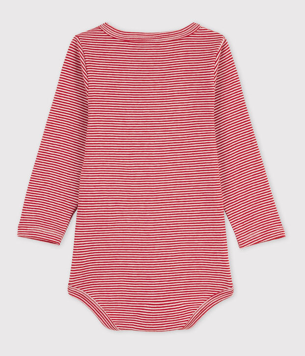 Katoenen body met lange mouwen en Tunesische gestreepte hals voor baby's rood/wit