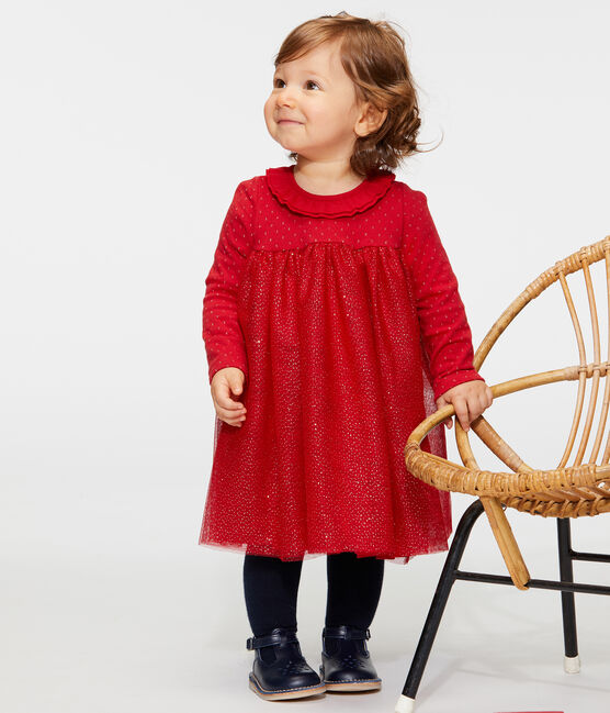 Robe manches longues bi-matière bébé fille rouge TERKUIT/jaune OR
