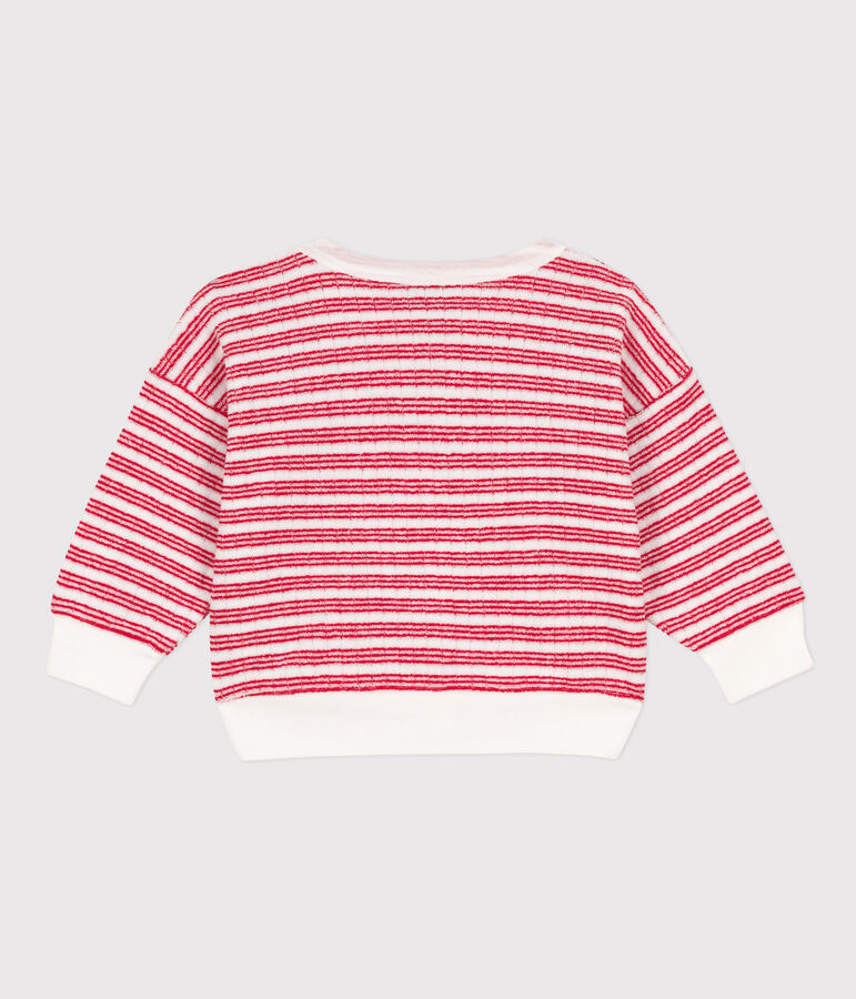 Sweatshirt b&eacute;b&eacute; en bouclette &eacute;ponge ray&eacute;e blanc/rouge