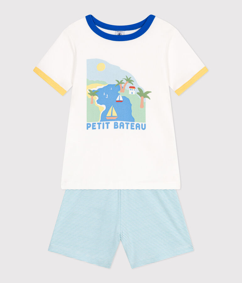 Korte katoenen pyjama voor kinderen wit MARSHMALLOW/wit MULTICO