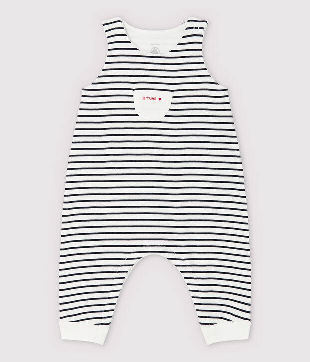 Salopette longue ray&eacute;e b&eacute;b&eacute; en coton biologique blanc/bleu