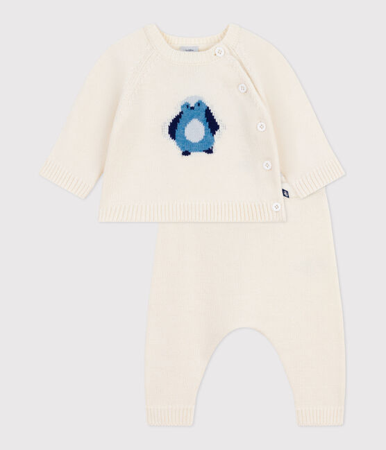 Tweedelig gebreid babysetje met pinguïnprint wit MARSHMALLOW/wit MULTICO