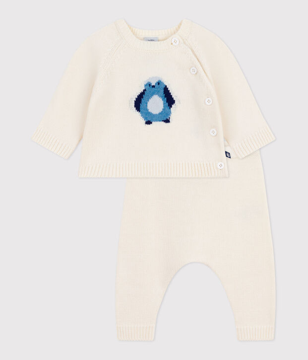 Tweedelig gebreid babysetje met pingu&iuml;nprint wit/multicouleur