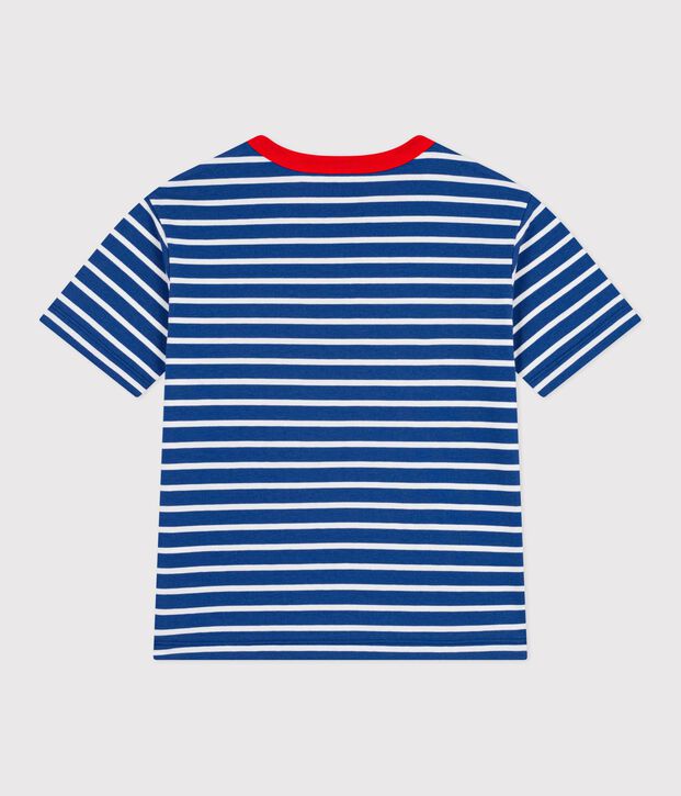 Katoenen kinder-T-shirt met korte mouw en streepjes blauw/wit