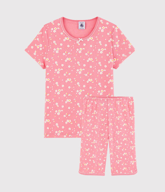 Pyjacourt imprimé fleurs de cerisier petite fille en coton rose GRETEL/blanc MULTICO