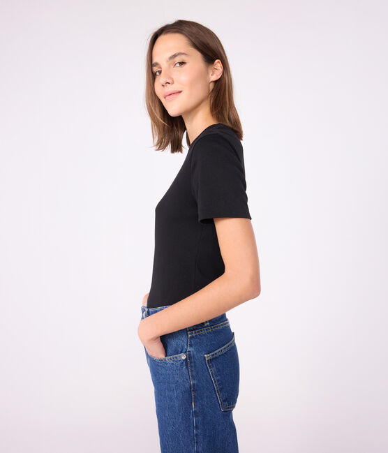 L'Iconique, T-shirt met korte mouw van effen ribstof voor dames zwart BLACK