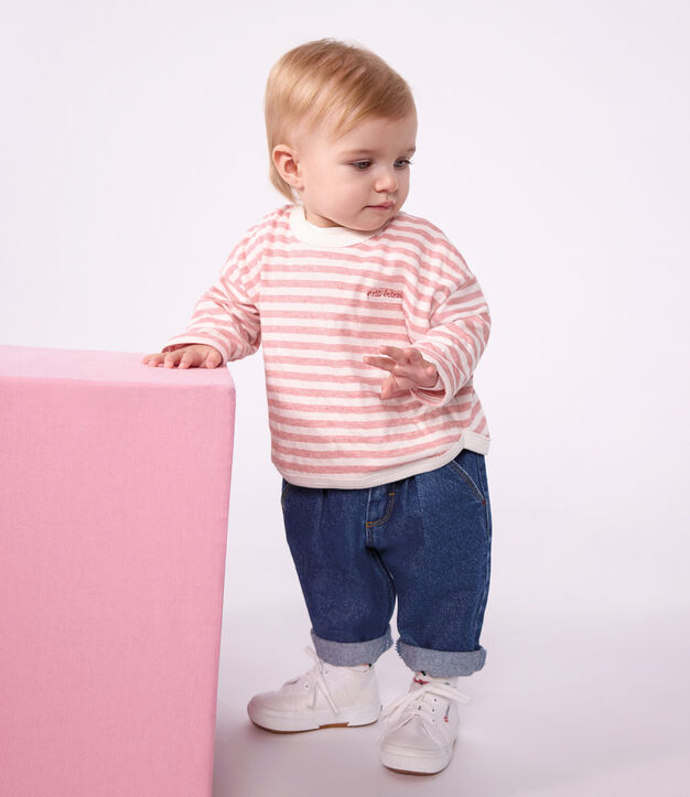 Tee-shirt b&eacute;b&eacute; en coton manches longues &agrave; rayures rose/&eacute;cru