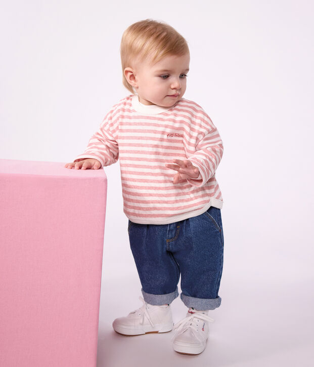 Gestreept T-shirt met lange mouwen in katoen voor baby's roze/ecru