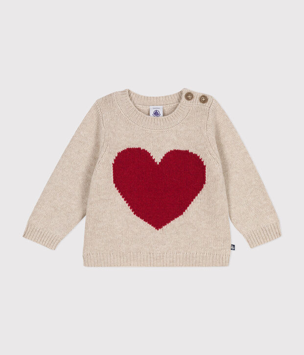 Gebreide babytrui met wol ecru/rood