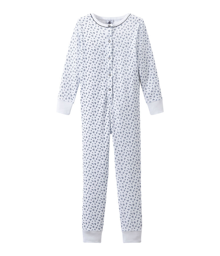 Pyjama combinaison fille imprim&eacute; blanc ECUME/bleu BLEU