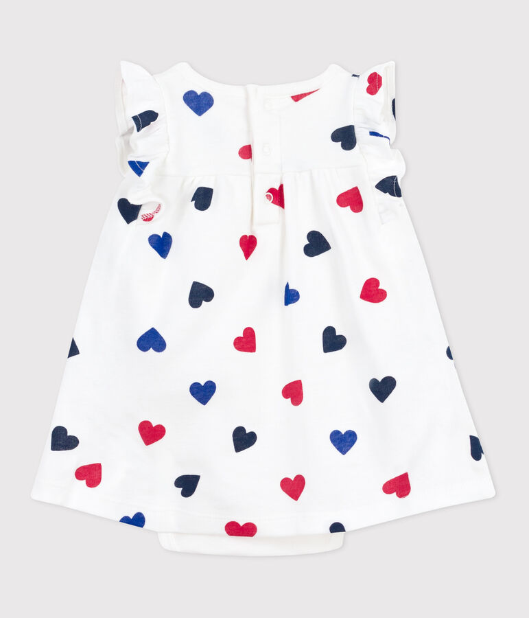 Katoenen babyjurk met korte mouwen en ge&iuml;ntegreerde body met driekleurig hartje wit/multicouleur