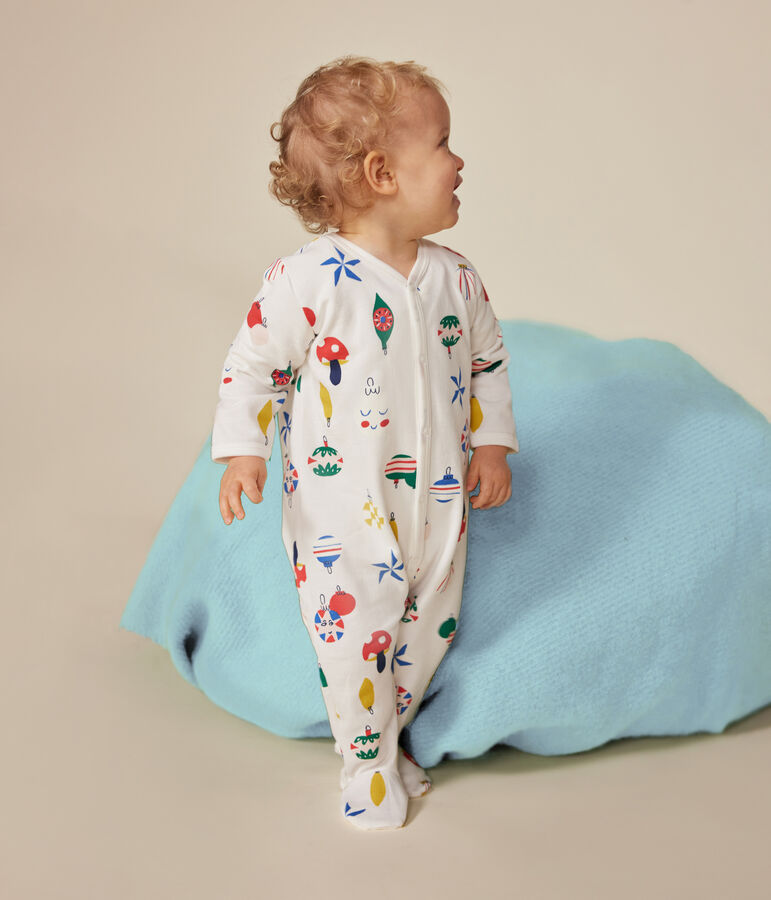 Babypyjama van geruwde fleece met kerstballenprint wit/multicouleur