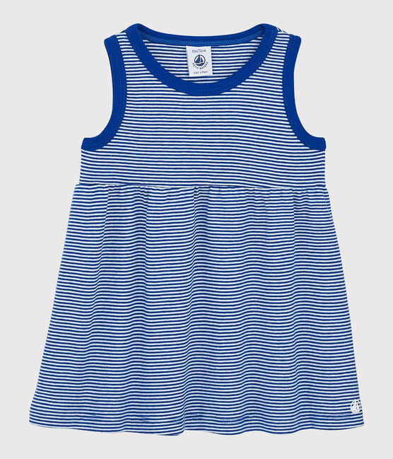 Mouwloze gestreepte geribde jurk voor babymeisjes blauw SURF/wit MARSHMALLOW