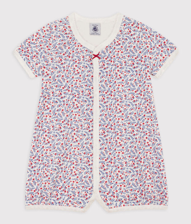 Combinaison courte fleurs en coton b&eacute;b&eacute; blanc/multicouleur