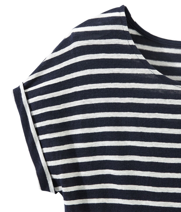 T-shirt femme en lin &agrave; rayures bleu/blanc
