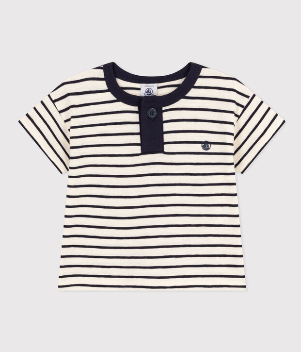 Tee-shirt manches courtes en jersey flamm&eacute; b&eacute;b&eacute; &eacute;cru/bleu