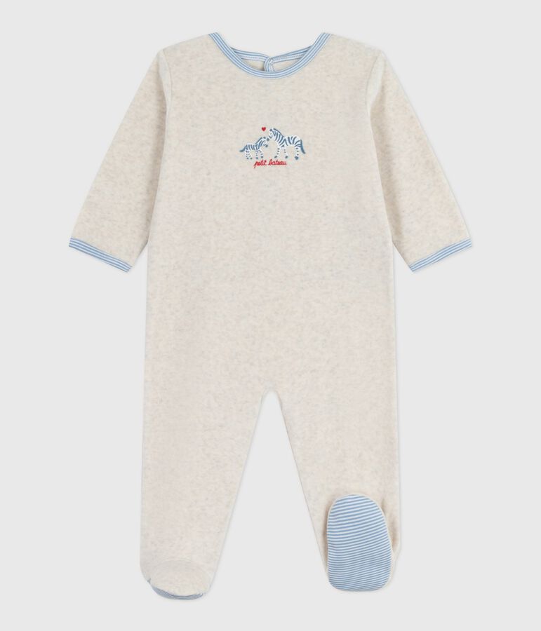 Effen fluwelen babypyjama met sluiting op de rug beige
