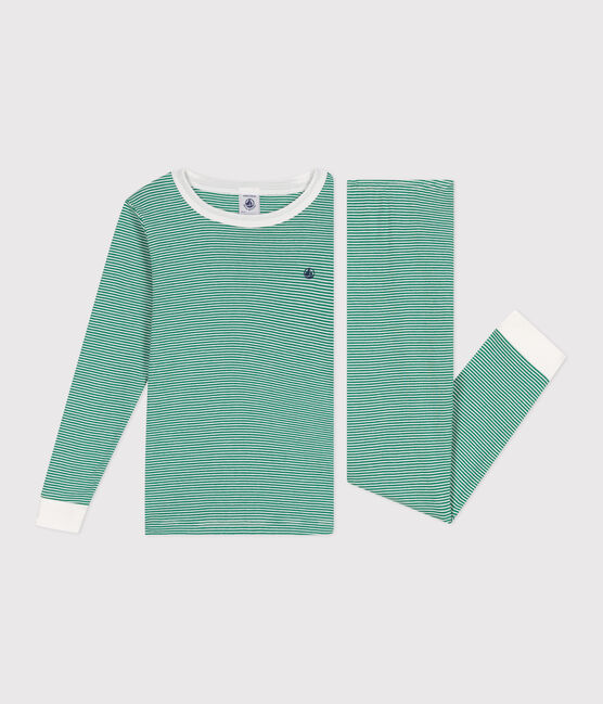 Zeer nauw aansluitende katoenen kinderpyjama met streepjesprint groen JARDIN/ MARSHMALLOW