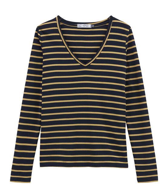dames tee-shirtmet lange mouwen blauw SMOKING/geel BRINDILLE SATIN