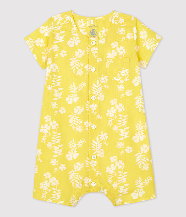 Korte bedrukte tuinbroek in biologisch popeline met Hawa&iuml;print voor baby's geel/wit