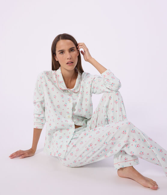 Pyjama boutonné femme en coton imprimé blanc MARSHMALLOW/blanc MULTICO