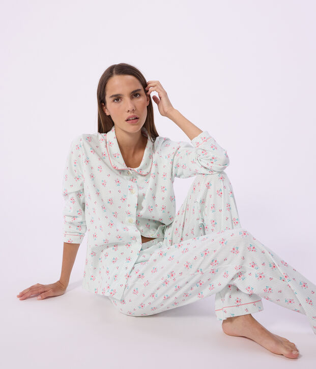 Pyjama boutonn&eacute; femme en coton imprim&eacute; blanc/multicouleur