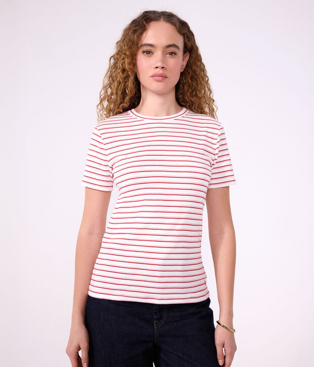 Tee-shirt femme en coton manches courtes &agrave; rayures blanc/rouge