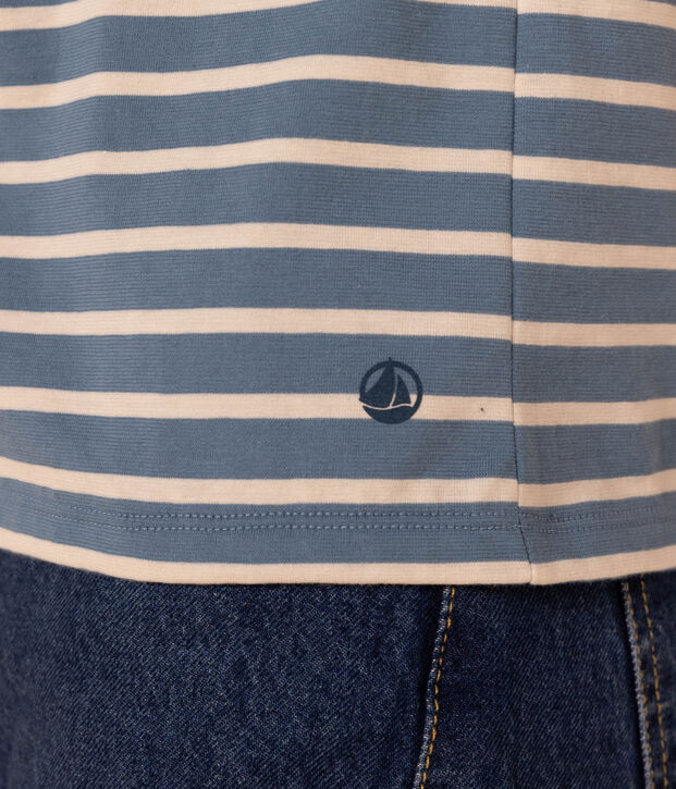 Tee-shirt LE DROIT col V en coton Femme bleu/&eacute;cru