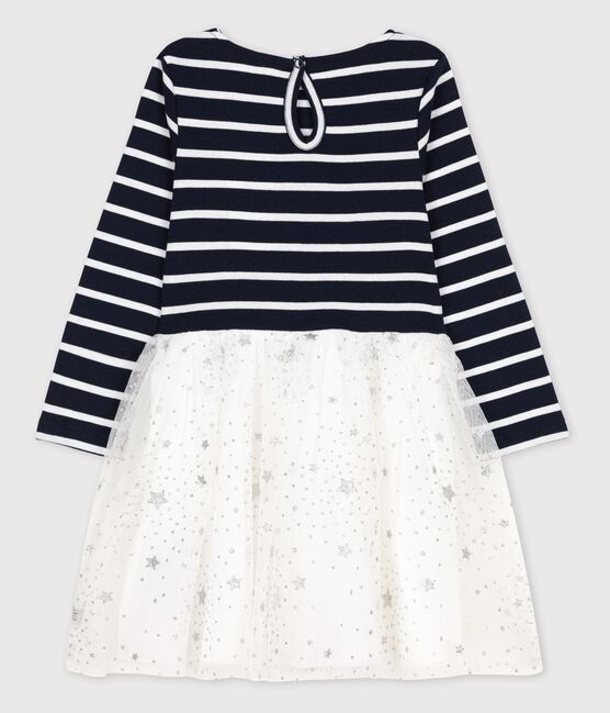 Meisjesjurk met lange mouwen van katoen en tule blauw SMOKING/wit MARSHMALLOW